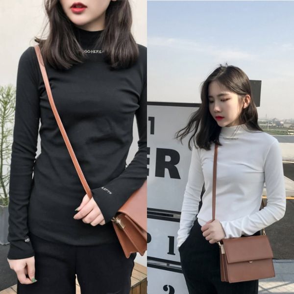 

huhjd autumn women's 2019 new half high collar ullover long pulloverwith pullover coat pulloverembroidered and slim fit solid color b, White