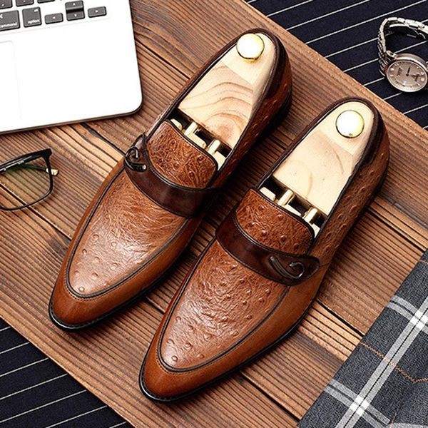 

luxury pointed toe slip on ostrich pattern man casual shoes genuine leather male loafers comfortable men's office flats dm169, Black
