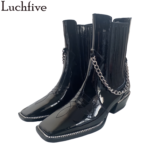 

patent leather chains ankle boots square toe shoes woman med heels short boots women runway black femme