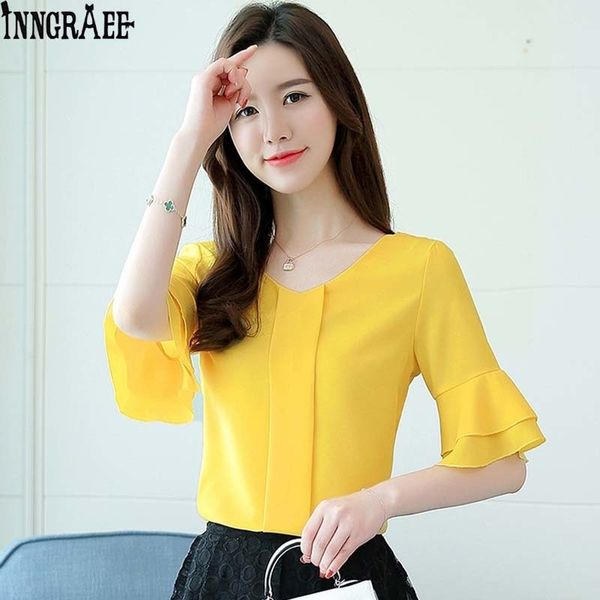 

womens blouses summer flare sleeve chiffon blouse shirt women ladies work wear office blusa feminina shirts ns3929 y200622, White