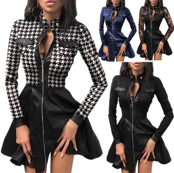 

2021 autumn and winter lace women slim casual zipper with pocket pu dress solid color fashion skirt plus size multiple colours sell, Black;gray
