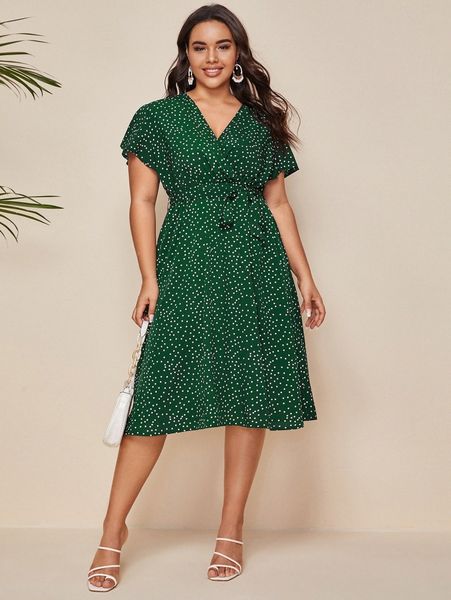 

plus polka dot belted a-line dress d4fd#, Black