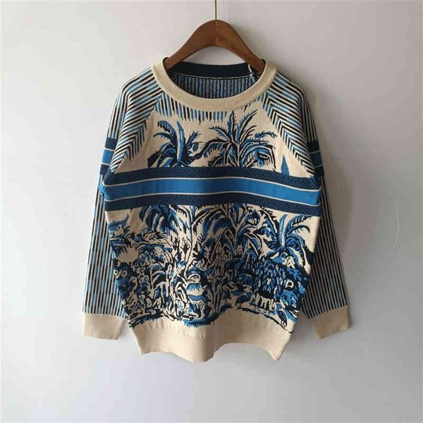 

spring and autumn new blue stripe jacquard loose fashion round neck pullover knitted women's wear, White