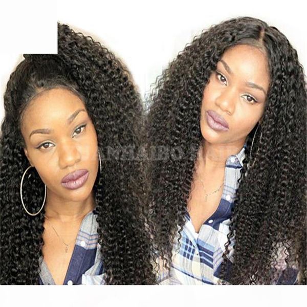 

1b virgin mongolian human hair black women front lace wig kinky curly ing, Black;brown