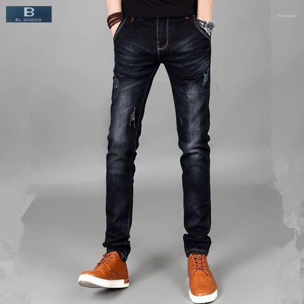 

el barco] cotton denim men jeans scratched soft breathable solid black male slim jeans pants casual long straight trousers1, Blue
