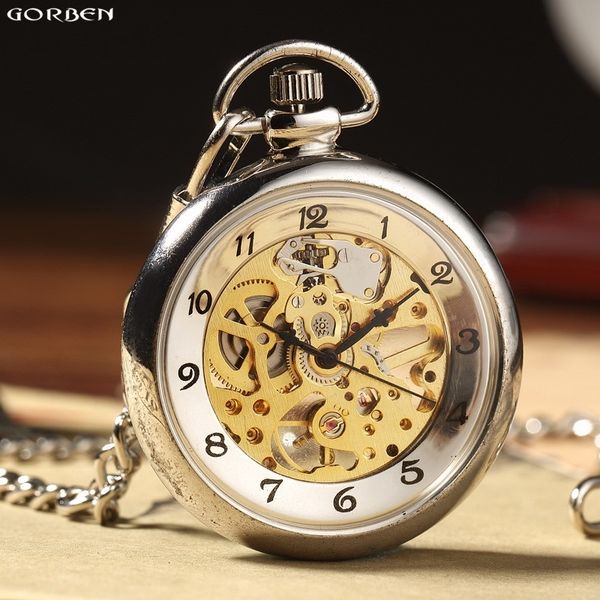

retro silver skeleton transparent mechanical pocket watch for men women fob chain hand winding full steel pocket watch t200502, Slivery;golden