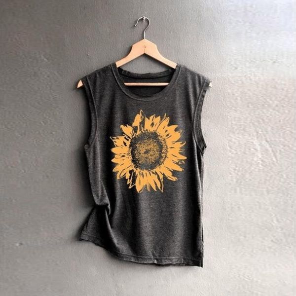 

women sleeveless loose sunflower print shirt casual funny tank soft comfortable summer 2019 boho 1, White