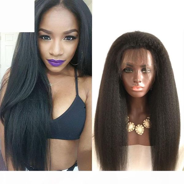 

heavy italian yaki straight glueless full lace human hair wigs kinky straight lace front wigs for black women peruvian wig, Black;brown