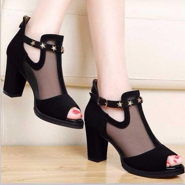 

2020 new women mesh pumps zipper open toe casual high thick black heels ladies shoes rivet party wedding sell casual1