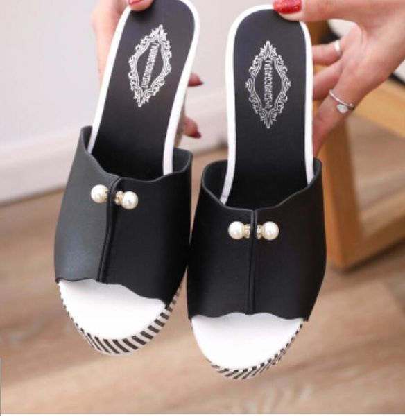 

wedge heel slippers for women summer new fashion korean version for women platform heel flip-flop pearl fish mouth slippers holiday gift05, Black