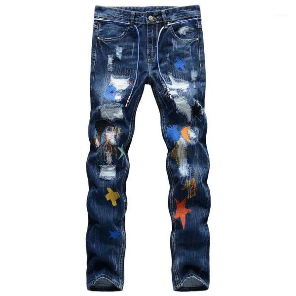 

jeans hole patchwork star moon embroidery straight men fashion casual full length ripped denim trousers wild1, Blue
