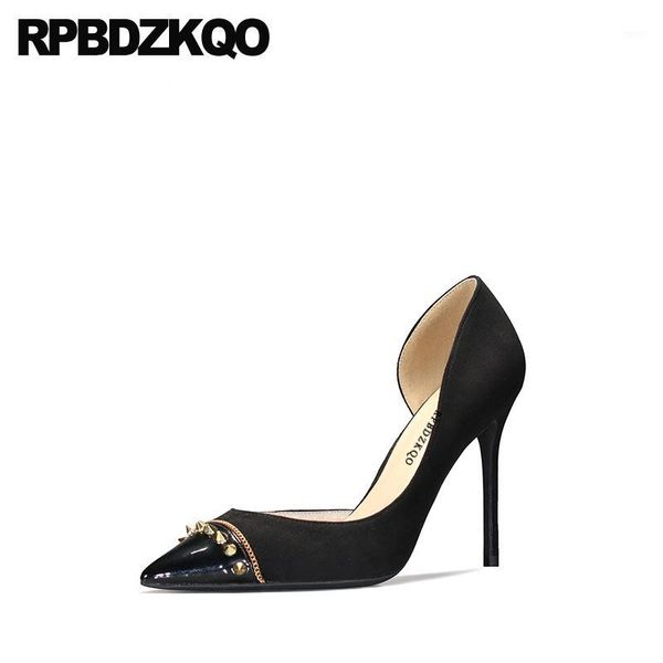 

8cm metal pumps stud thin  42 super pointed toe heels women shoes black rivet slip on big size1