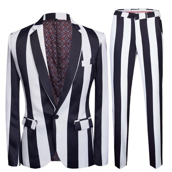 

2020 men's suit in black and white striped suit two flower studio host singer performance, White;black