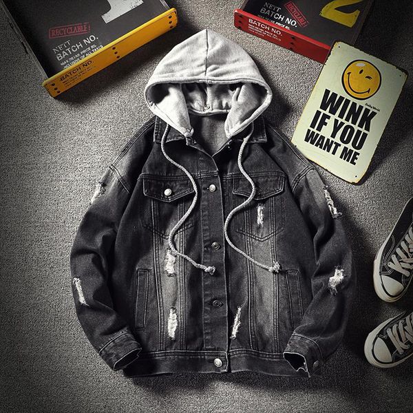 

jean jacket men denim jackets hooded spring 2021 japanese large size hole denim jacket coat tide streetwear men 5xl, Black;brown