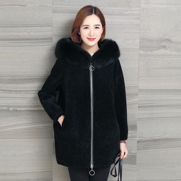 

real fur coat women winter jacket hooded fur collar sheep shearing wool coats korean chaquetas mujer 2020 9231, Black