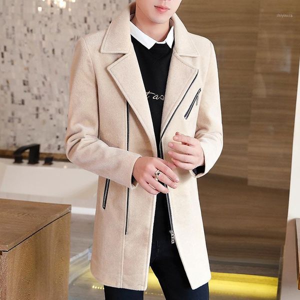 

2020 men's new woolen jacket youth cool mid-length slim woolen diagonal zipper coat1, Black
