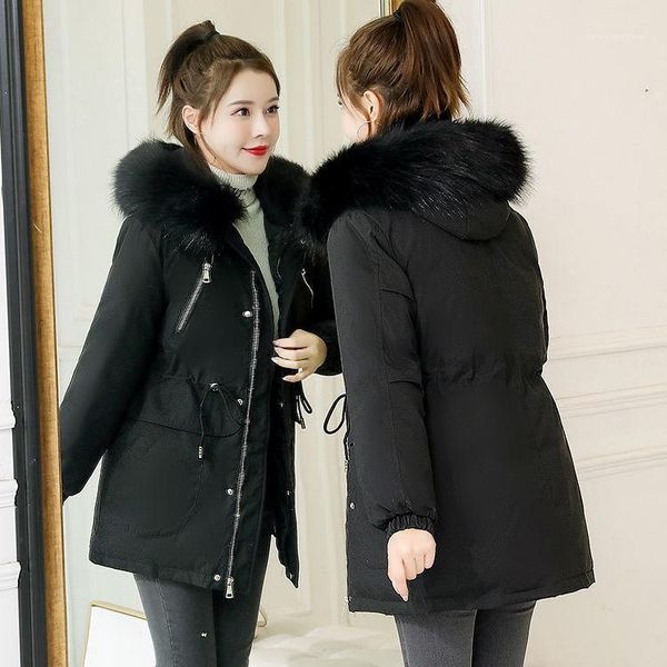 

women 2020 winter new fashion padded cotton coats parkas female warm thicken hooded jackets ladies fur collar loose outwear m171, Black