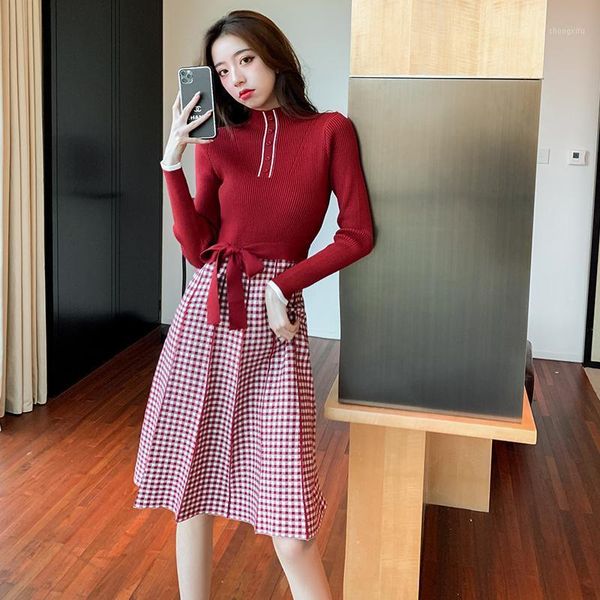 

patchwork plaid half turtleneck knitted dress fashion button belt sweater dresses elegant high waist elasticity vestidos1, Black;gray