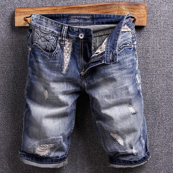 

italian style fashion men jeans shorts patchwork designer ripped denim shorts men summer hip hop short jeans homme1, Blue