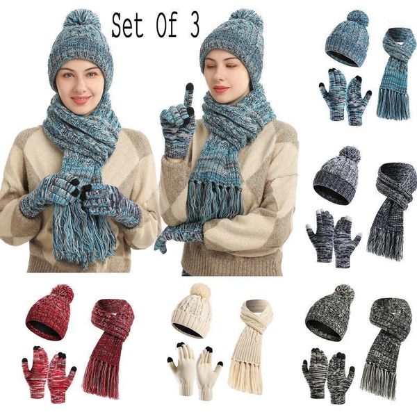 

new winter hat beanies cap scarf gloves 3 pieces set fashion casual hats men woman warm knitted beanie ski skullies bonnet1