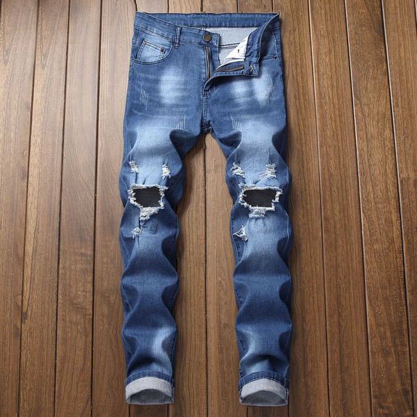 

2020 big hole jeans fashionable cultivate one's morality men's wear elastic, Blue
