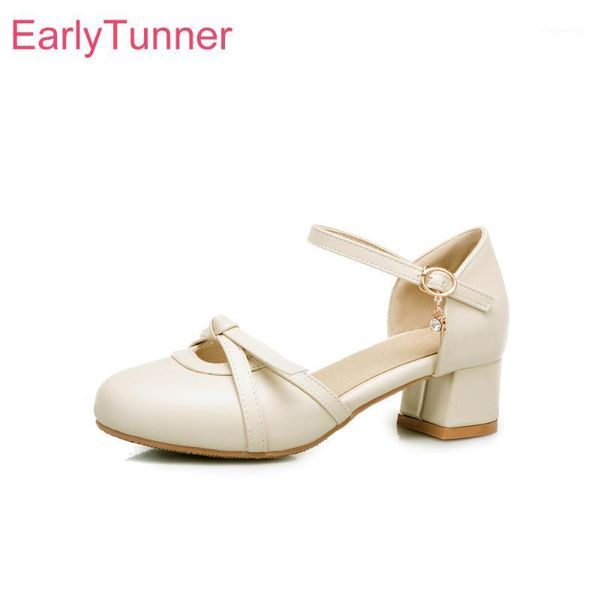 

sandals 2021 brand sweet beige pink women fashion med chunky heel lady party shoes plus big small size  28 30 431, Black