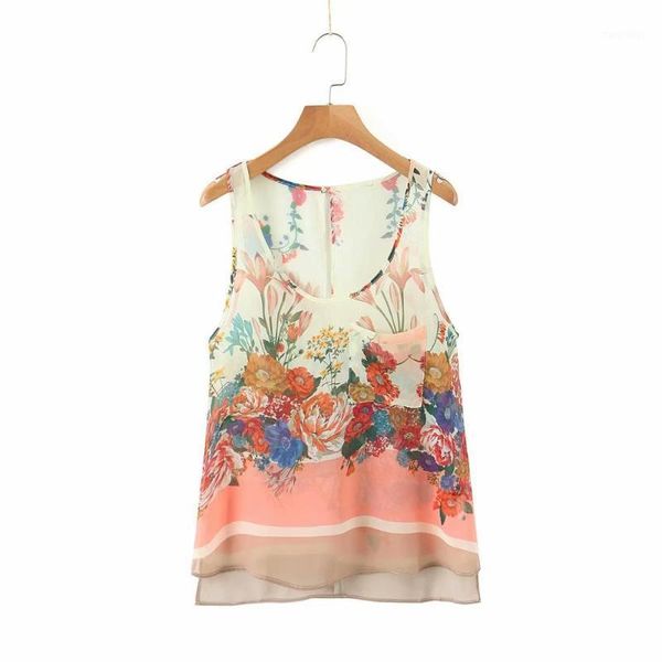 

2020 women fashion flower print color matching chiffon smock blouse ladies o neck sleeveless vest shirts chic blusas ls65791, White