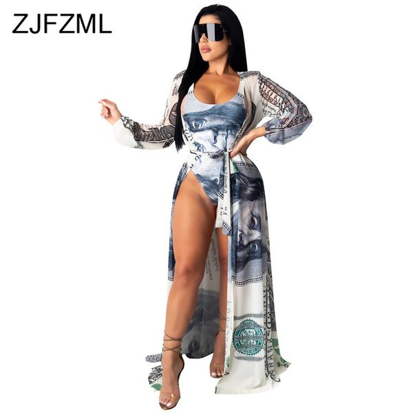 

money dollar print two piece set tracksuit for women skinny bodysuit and long sleeve maxi cardigan summer beach club outfit x0923, Gray