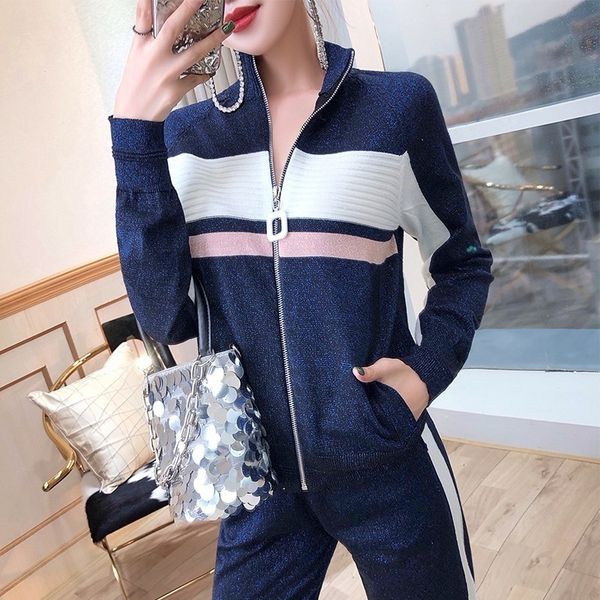 

spring new casual knit sweashirt zipper cardigans and trouser two piece set women blue/pink/gray long sleeve knit coat suit t200702, White