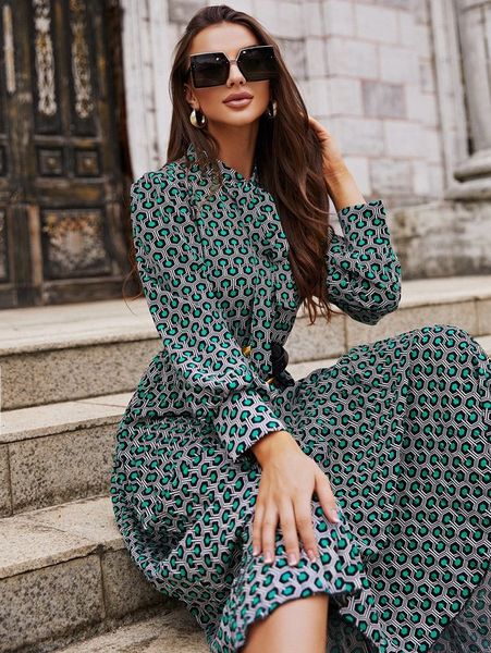 

geo print tie neck blouson sleeve dress without belt she, Black;gray