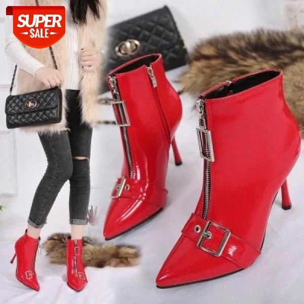 

women ankle boots autumn winter high heel 8.5cm shoes woman patent leather ankle boots pointed toe thin heels party #in1f, Black
