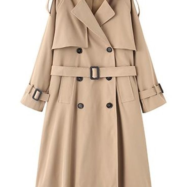 

women's khaki long korean version loose belt double breasted british windbreaker extra size women trench coat, Tan;black