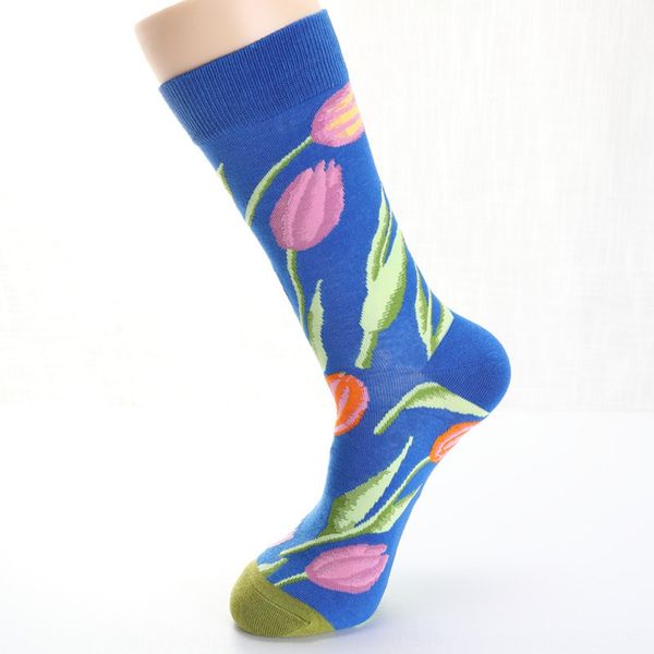 

white pigeon tulip flower and and bird illustration ins tide socks harajuku cotton medium tube men's socks ks4ud, Black
