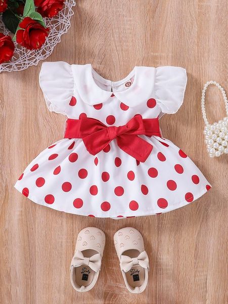 

baby polka dot ruffle trimed belted dress she, Red;yellow