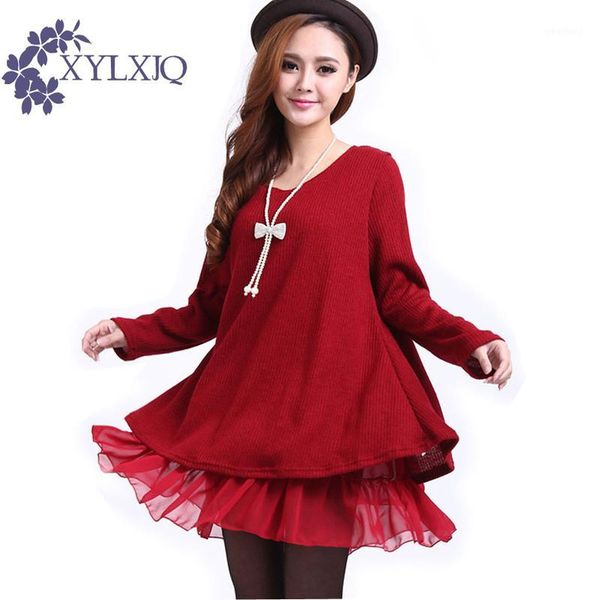 

women's sweaters wholesale- 2021 autumn winter women chiffon splice sweater dress big plus size bow knitted loose casual pullover ja734, White;black