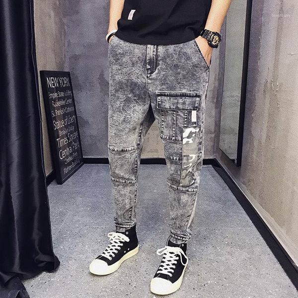 

men hip hop camouflage patchwork multi-pocket loose harlan jeans streetwear cotton man casual cargo nine-point denim pants1, Blue