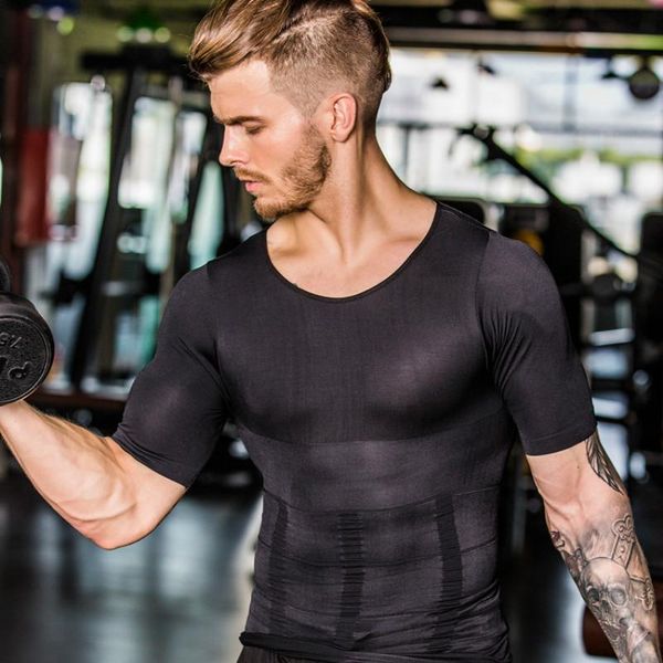 

men's slimming shaper posture vest men's compression t-shirt body building fat burn chest tummy shirt slim dry quick under shirt, Black;brown
