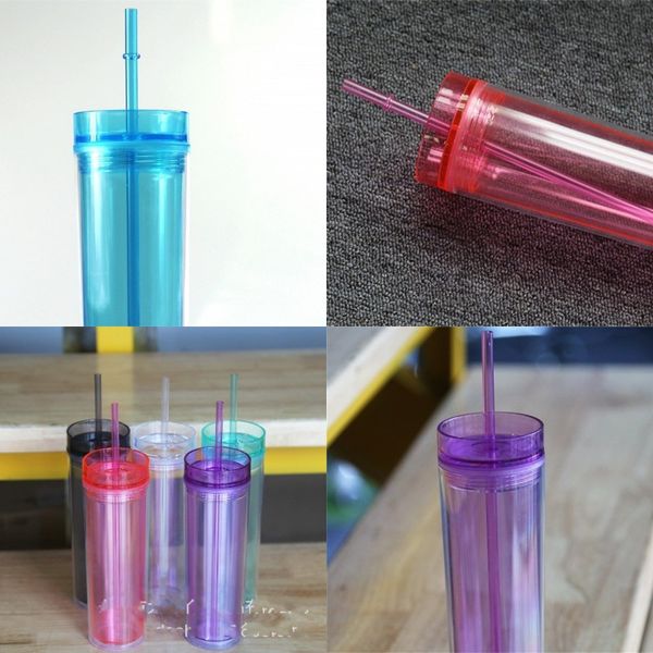

colour plastic transparent cup 16oz coffee water mug with straw double deck drinks recyclable tumber 7ds f2