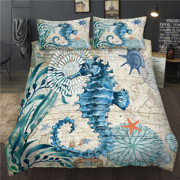 Cama de cama de casal Set Twin Rainha King Size Seahorse Impresso Conjuntos de cama 3D Capa de edredão com Fronha Animal Cama Set 20117