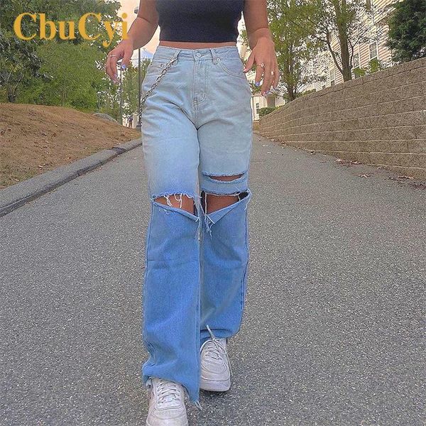 

fashion woman's jeans baggy vintage streetwear high waist trousers women jeans hole ripped straight leg denim pants female, Blue