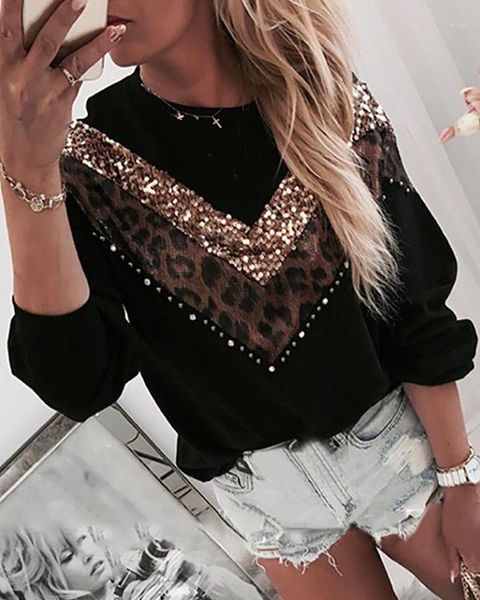 

leopard women hoodies patchwork stitching fashion sweatshirt long sleeve sequins sweatshirt1, Black