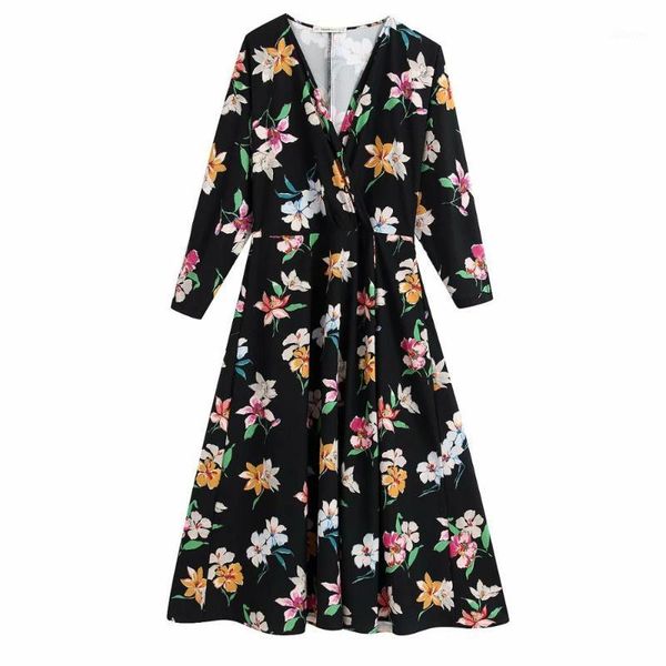

women elegant v neck flower print a line kimono dress office lady stylish long sleeve business vestidos chic long dresses ds33841, Black;gray