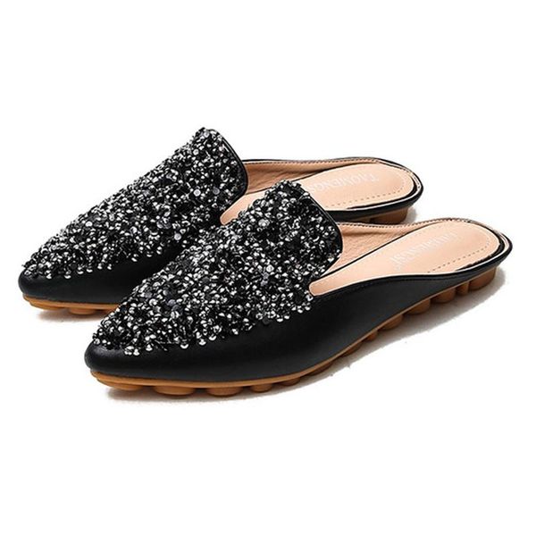

fashion toe-point rhinestone mules shoes women's summer home bling slippers durable tpr soled outside casual slides, Black