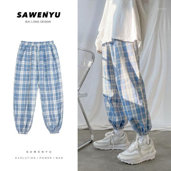 

autumn korean plaid pants men's fashion retro drawstring casual pants men streetwear loose hip hop straight men trousers1, Black