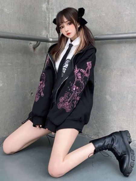 

autumn winter women harajuku punk black embroidered loose long sleeve hoodies japanese preppy style fashion sweatshirt