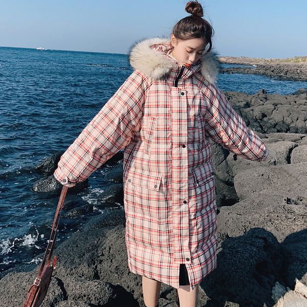 

2021 new female winter jacket long fur collar from the red sweet plaid loose with hoodie new fashion cotton woman's coat gz8 uxxp, Black