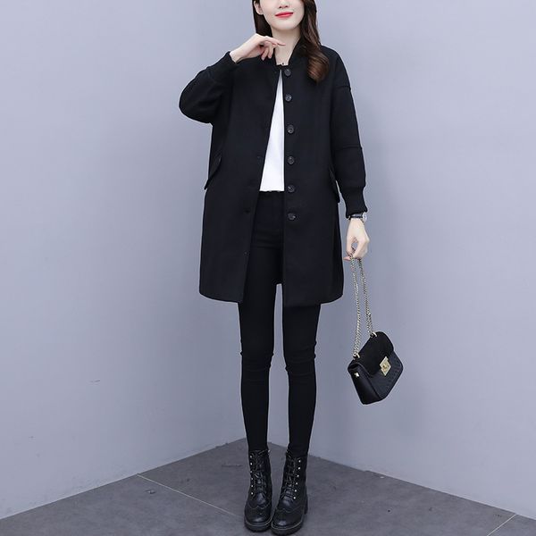 

women's mid long 2020 new loose black thin woolen coat