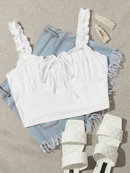 

frilled strap tie front ruched bust crop 584m#, White