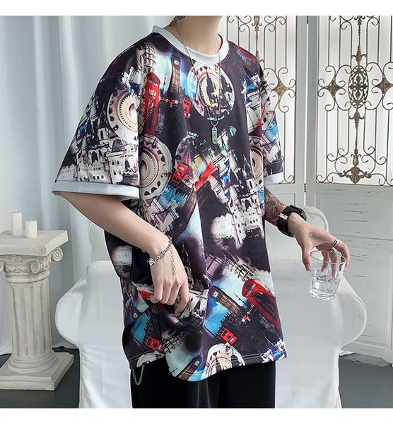 

2021 the new summer new men's sleeve graffiti printed around neck hip back short 5xl shirt 3rul, White;black