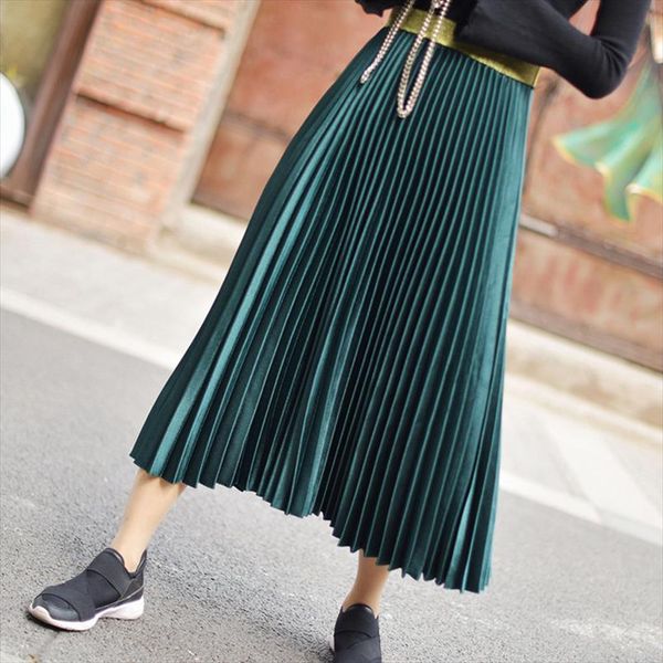 

2020 autumn women long skirt high waist women pleated skirt saias faldas casual long jupe femme, Black